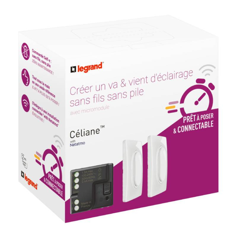                         Prêt à poser Céliane Legrand - 2 commandes sans fil Self-e - 1 micromodule - 230V - Blanc