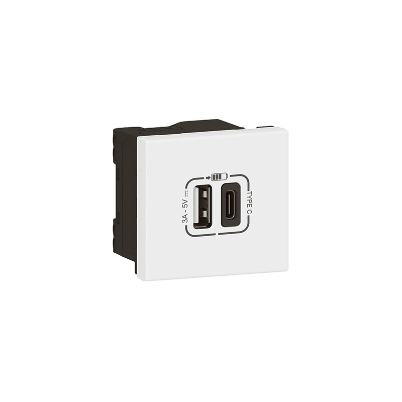                         Prise USB type-A + USB type-C Mosaic - 3A - 15W - 2 modules - Blanc